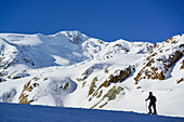 Frau auf Skitour steigt zur Punta San Matteo auf, Punta San Matteo, Val dei Forni, Ortlergruppe, Lombardei, Italien