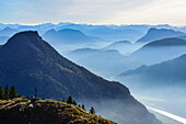 View from Heuberg to summit cross, Kranzhorn, Kitzbuehel range and valley of Inn, Heuberg, Chiemgau range, Chiemgau, Upper Bavaria, Bavaria, Germany