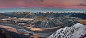 Waimakariri River basin in pre-dawn alpenglow from Mount Binser summit, Arthur's Pass National Park, New Zealand