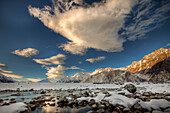 Wind clouds over snow covered valley, Tasman Glacier, Hooker River, Liebig Range, Mount Cook National Park, New Zealand