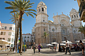 square in front of the cathedral with restaurants, Cadiz, Andalusia, Spain, Europe