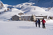 Two male and one female backcountry skiers walking through a snowy landscape, behind the houses of the summer settlement Bietli, Simplon Pass, Pennine Alps, canton of Valais, Switzerland