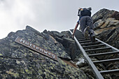 A female hiker is climbing a vertical ladder on the hiking trail leading to the Mischabel Hut, above Saas Fee, Pennine Alps, canton of Valais, Switzerland