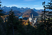 Schloss Neuschwanstein mit Alpsee und Allgäuer Alpen, Füssen, Allgäu, Bayern, Deutschland