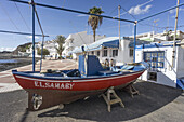 Las Playitas, Fischerboot auf der Promenade, Fuerteventura, Kanaren, Spanien