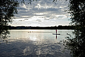 Woman stand up paddling on lake Chiemsee in sunset, Chiemgau, Bavaria, Germany