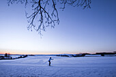 Young woman cross-country skiing at sunset, Allgaeu, Bavaria, Germany