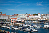Sailboats in marina and city center, Corunna (La Coruna), Galicia, Spain