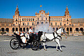 Wedding couple in horse carriage in front of fountain at Plaza de Espana in Maria Luisa Park, Seville, Andalusia, Spain