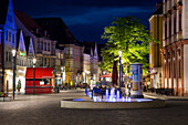 Pedestrian zone in city center at night, Bayreuth, Franconia, Bavaria, Germany