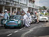 1960 Aston Martin DB4 GT, driver change at the pit lane, RAC TT Celebration, Goodwood Revival 2014, Racing Sport, Classic Car, Goodwood, Chichester, Sussex, England, Great Britain