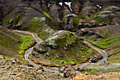 River bend of Innri-Asgardsa, volcanoe mountains Kerlingarfjoll, Highlands, South Iceland, Iceland, Europe