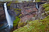 Haifoss (Hoher Wasserfall) und Granni, Fluss Fossá í Þjórsárdal, Fossardalur Tal, Thjorsardalur Tal, Hochland, Südisland,  Island