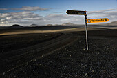 Road sign to Veidivötn and Selfoss in desert, Highlands, Southern Iceland, Iceland, Europe