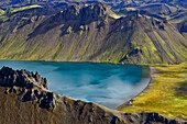 Luftbild (Aerial) von Kratersee Kirkjufellsvatn, Landmannalaugar, Hochland, Südisland, Island, Europa