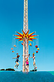 Theme park with swing carousel and trampoline, Hansapark, Sierksdorf, Baltic Coast, Schleswig-Holstein, Germany