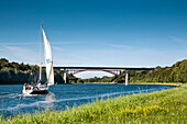 Sailing boats on the Kiel canal, Baltic Coast, Schleswig-Holstein, Germany