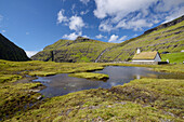 Church and lake in Saksun, Streymoy Island, Faroe Islands