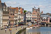 Buildings and canal in Graslei area, Ghent, Flemish Region, Belgium