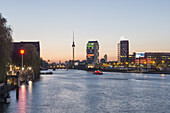 Skyline Berlin with the river Spree, View from Oberbaum bridge towards Media Spree, Skyscraper Living Levels, Mercedes, Berlin, Germany