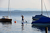 Stand up paddler at lake Starnberger near Ambach, view to the Alps, Upper Bavaria, Bavaria, Germany