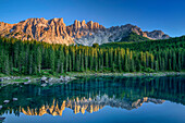 Lake Karersee with Latemar range, lake Karersee, UNESCO world heritage Dolomites, Dolomites, South Tyrol, Italy