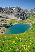 Lake with Lechtal Alps with Vorderer Gufelkofel in background, lake Gufelsee, Lechtal Alps, Tyrol, Austria