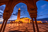 Ornate Hassan II Mosque lit up at night, Casablanca, Morocco, Casablanca, Casablanca, Morocco