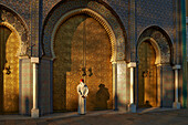Caucasian man standing by ornate temple, Fes, Fes-Boulemane, Morocco