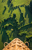 Aerial view from hot air balloon overlooking rural fields, Gloucester, Gloucestershire, England