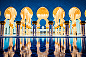 Ornate tiled arches of Grand Mosque, Abu Dhabi, United Arab Emirates, Abu Dhabi, Abu Dhabi, UAE