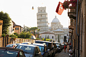 View of the Leaning Tower of Pisa from city street, Pisa, Toscano, Italy, Pisa, Toscano, Italy