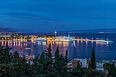 Aerial view of illuminated dock and cityscape of coastal town, Split, Split, Croatia, Split, Split, Croatia
