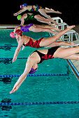 Swimmers diving off starting blocks, Bainbridge island, WA, USA
