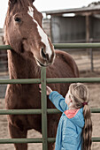 Caucasian girl petting horse on ranch, C1