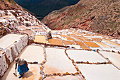 South America, Peru, Cuzco region, Urubamba Province, Inca sacred valley, Las Salinas de Maras, the 3000 evaporation basins of salt in use since the Inca period