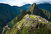 'South America, Peru, Cuzco region, Urubamba Province, Unesco World heritage since 1983, Machu Picchu (''old mountain''), aerial view'