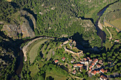 France, Haute-Loire (43), Village Arlempdes labeled The Most Beautiful Villages of France (aerial photo)