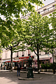 France, Paris, Wallace fountain at the corner of rue Henry Monnier