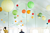 Soft Focus of Wedding Tent Interior with Paper Lantern Decorations