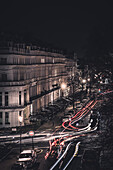 Streaking Car Lights Along Street at Night, London, England, UK