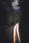 Streaking Car Lights on Road Through Forest, Long Exposure, Gloucestershire, England, UK