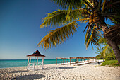 White sand beach, palm tree, and gezebo on Playa La Jaula beach, Cayo Coco, Cuba.
