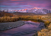 California's Owens River curves through the grasslands of the Owens Valley below the Eastern Sierra range at sunrise.