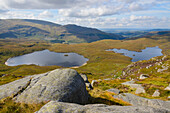 View over the Glenhead Lochs from Rig of the Jarkness, Galloway Hills, Dumfries and Galloway, Scotland, United Kingdom, Europe