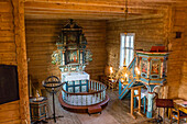 Interior view of the small Norwegian church in the fishing village of Traena, located on the Arctic Circle, Norway, Scandinavia, Europe