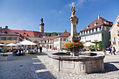 Rokoko fountain on market square, view to the castle, Weikersheim, Hohenlohe Region, Taubertal Valley, Romantische Strasse (Romantic Road), Baden Wurttemberg, Germany, Europe