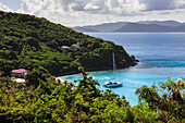 Elevated view of cove with yacht, White Bay, Jost Van Dyke, British Virgin Islands, West Indies, Caribbean, Central America