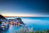 The blue hour in Vernazza, one of the many little villages in the Cinque Terre National Park, UNESCO World Heritage Site, Liguria, Italy, Europe