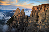 The Sciliar, unique for its distincitive pinnacles, the Santner and Euringer peaks, South Tyrol, Italy, Europe
